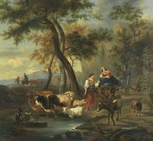 Bauerinnen Mit Vieh An Der Tranke. by Andras Markos