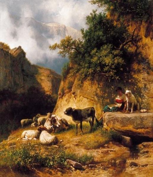 Italian Landscape With A Shepherdess, Resting By The Mountain Spring - view 1