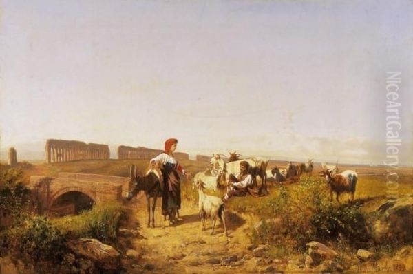 Campagna Romana (sunlight Italian Landscape With Goats - view 1