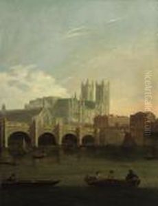 A View Of Westminster Bridge With Figures And Boats On Thethames