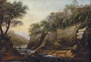 A Mountainous River Landscape With Boys Fishing by William Marlow