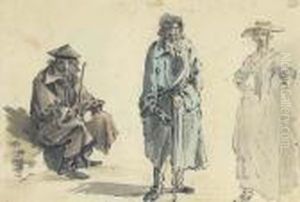 Three Figure Studies Of An Elegant Lady And Two Gentleman, Onewearing A Greatcoat by William Marlow