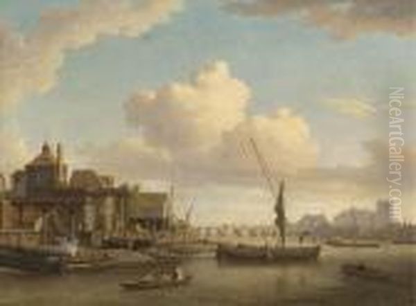 Messrs Peach And Larkin's Barge 
Building Yard On The Lambeth Bankof The Thames, Westminster Abbey Beyond - view 1