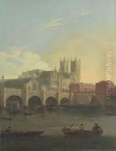 View Of Westminster Bridge With Figures And Boats On The Thames