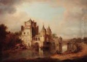 Figures Resting By A River, A Fortified Town Beyond