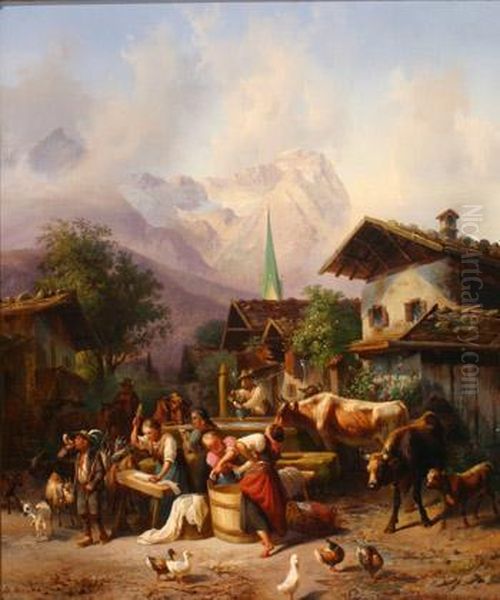 Figures At Work In An Alpine Village - view 1