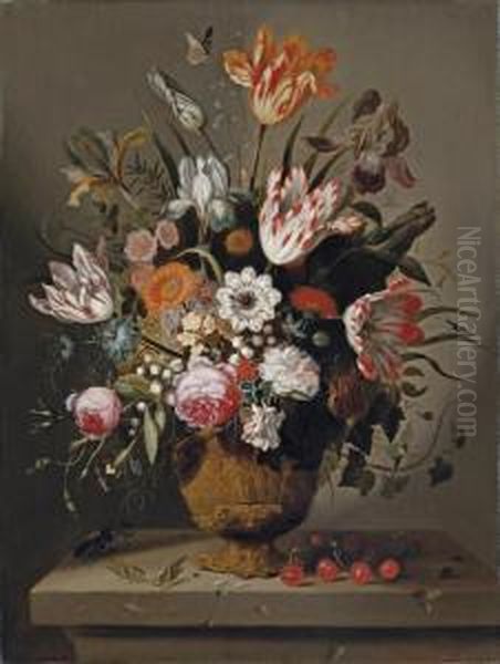 Tulips, Irises, Roses,
Columbine, Love-in-a-mist, Lily Of The Valley And Other Flowers In A
Terracotta Vase With Cherries, Crickets And A Stag Beetle On A Stone
Ledge - view 1
