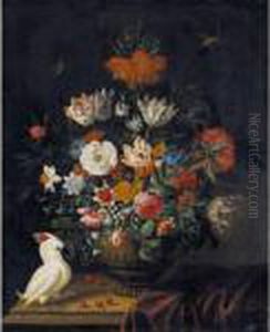 Still Life Of Flowers Including
Irises, Roses, A Crown Imperial Lily, Marigolds And Parrot Tulips, In A
Sculpted Stone Vase, With A Cockatoo And Dragonflies by Jacob Marrel