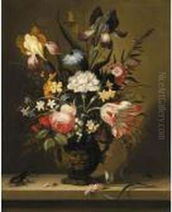 A Still Life Of Flowers,
Including A Parrot Tulip, Irises And Roses, In A Grotesque Vase With
Insects And A Stag Beetle On A Stone Ledge by Jacob Marrel