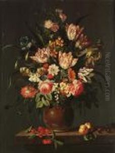 Tulips, Roses, Irises And Other 
Flowers In A Rhenish Stoneware Jug With Applied Medallion, Beside 
Cherries And Nectarines On A Marble Ledge With A Butterfly, A Bee, 
Dragonflies And Other Insects