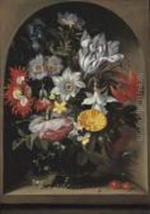 Anemones, A Tulip, An Opium 
Poppy And Other Flowers In A Glassvase, With A Sand Lizard And A 
Ladybird, In A Stone Niche