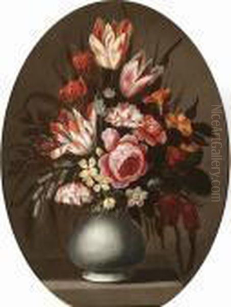 Tulips, Roses, Auricular, Bluebells And Other Flowers In A Pottery Vase On A Stone Ledge - view 1