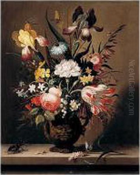 A Still Life Of Flowers,
Including Tulips, Roses And Irises, In A Grotesque Vase With Insects And
A Stag Beetle On A Stone Ledge - view 1