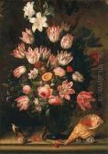 Parrot Tulips, Roses, Lilies, An
 Iris And Other Flowers In A Nicheon A Stone Shelf, With Shells, 
Cherries, A Lizard, A Stag Beetle, Akingfisher, Butterflies, A 
Dragonfly, A Bee, A Grasshopper Andother Insects In A Recess