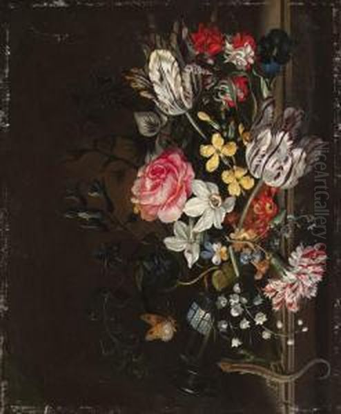Parrot Tulips, Narcissi, Morning
Glory, Forget-me-nots, A Rose, Acarnation, Lily Of The Valley,
Colombine And Other Flowers Spillingout Of An Upturned Glass Vase, With A
Butterfly And A Lizard - view 1