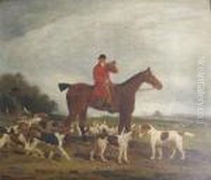 Landscape With Huntsman On His Horse Blowing A Horn by Benjamin Marshall