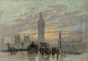 Omnibuses On Westminster Bridge Before Big Ben At Sunset by Herbert Menzies Marshall