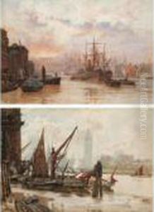 Sunset, St. Pauls; Boats Docking With Westminster Beyond by Herbert Menzies Marshall