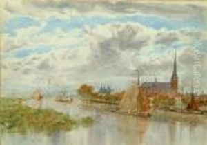 A Continental River Scene With Cathedral A Continental River Scene With Cathedral