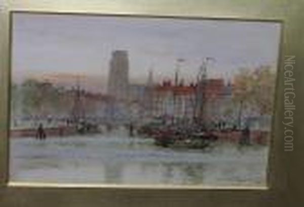 View Of Dorrecht From The River At Sunset, Signed And Dated 1898, Watercolour - view 1