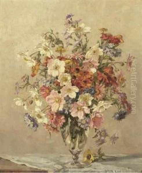 Summer Flowers In A Glass Vase On A Table - view 1