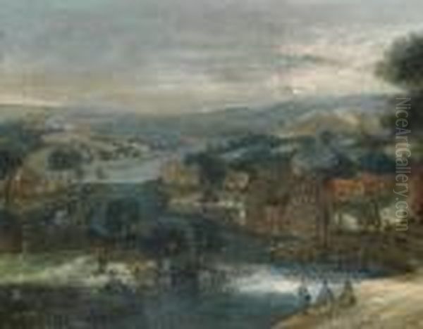 An Extensive River Landscape With A Drover Resting Beside His Flock - view 1