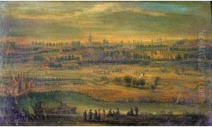 Active Brussels In The Mid 18th 
Century An Extensive Netherlandish River Landscape With Figures 
Conversing Before A Lock, A Church In The Distance