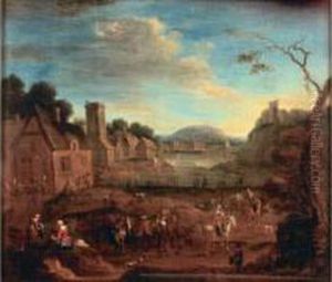 Vue D'un Village Au Bord D'une Riviere, Anime De Nombreux Personnages Vue D'un Village Au Bord D'une Riviere, Anime De Nombreux Personnages