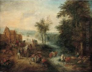 A Village Scene With Waggoners On A Road And Boors Watering Their Cattle In A River A Village Scene With Waggoners On A Road And Boors Watering Their Cattle In A River