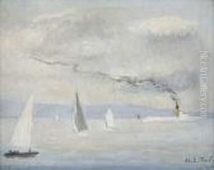 Bateau A Vapeur Et Voiliers Sur Le Lac by Eugene Louis Martin
