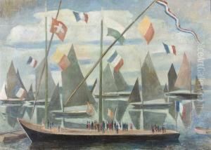 Festlich Geschmuckte Segelschiffe Auf Dem Genfersee. by Eugene Louis Martin