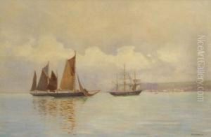 Fishing Boats And A Threemasted Schooner Off Newlyn
