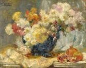 Nature Morte Aux Grenades Et Dalhias Dans Un Vase Bleu