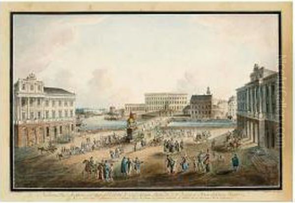 "la Place De Norrmalm A
Stockholm Avec Le Chateau Royal, La Statue De Gustave Adolphe, Le Palais
De La Princesse Rle. & L'opera" And "le Chateau Royal
Drotlingholm"; A Pair - view 1