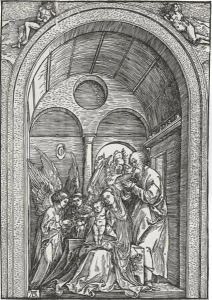 The Holy Family with two Angels in a vaulted Hall by Albrecht Durer
