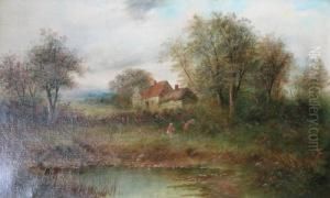 Children Picking Blackberries In A Wooded Landscape, With Thatched Cottage Beyond by Sylvester Martin