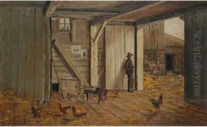Farmer And Chickens In A Barn Doorway by Thomas Mower Martin