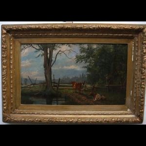 Cattle By Woodland Pool And Old Rail Fence by Thomas Mower Martin