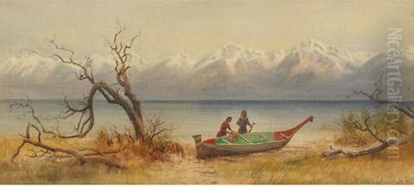West Coast Indians With A Beached Canoe - view 1