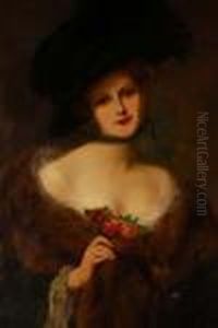 Half Lengthportrait Of A Lady Wearing A Large Green Velvet Hat And Rosetrimmed Stole by Francois Martin-Kavel
