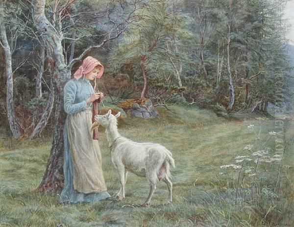 Maid Crocheting In A Field, With A Goat Standing Beside - view 1