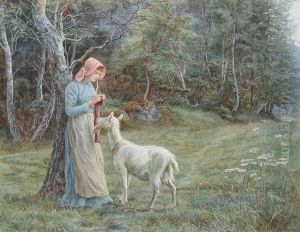 Maid Crocheting In A Field, With A Goat Standing Beside Maid Crocheting In A Field, With A Goat Standing Beside
