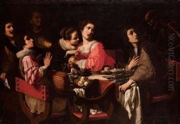 Memento Mori Con Sei Convitati Intorno A Una Tavola Imbandita by Giovanni Martinelli