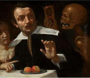 A Vanitas Scene With Death 
Holding An Hour Glass Behind A Startled Man, ('death At The Table')