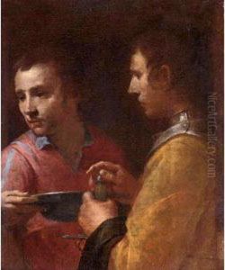A Soldier Holding A Sword With His Page by Giovanni Martinelli