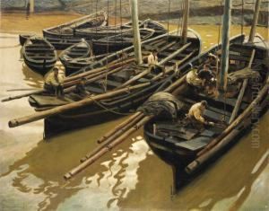 Fishing Boats At Their Mooring by Enrique Martinez Cubells y Ruiz