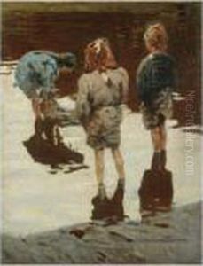 Jugando En La Arena (children Paddling) by Enrique Martinez Cubells y Ruiz