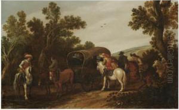 A Wooded Dune Landscape With Bandits Holding Up A Covered Wagon - view 1