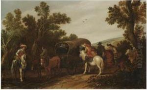 A Wooded Dune Landscape With Bandits Holding Up A Covered Wagon