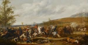 An Extensive Landscape With A 
Cavalry Skirmish, An Officer On A White Charger At The Centre